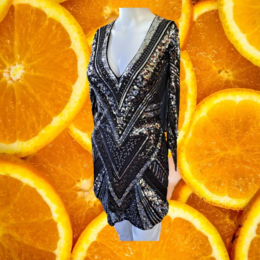 Express Black Sequin V Neck Bodycon Dress with See through Sleeve Parts Size